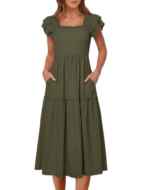 Caracilia Women's Army Green Casual Ruffle Short Sleeve Square Neck Maxi Dress